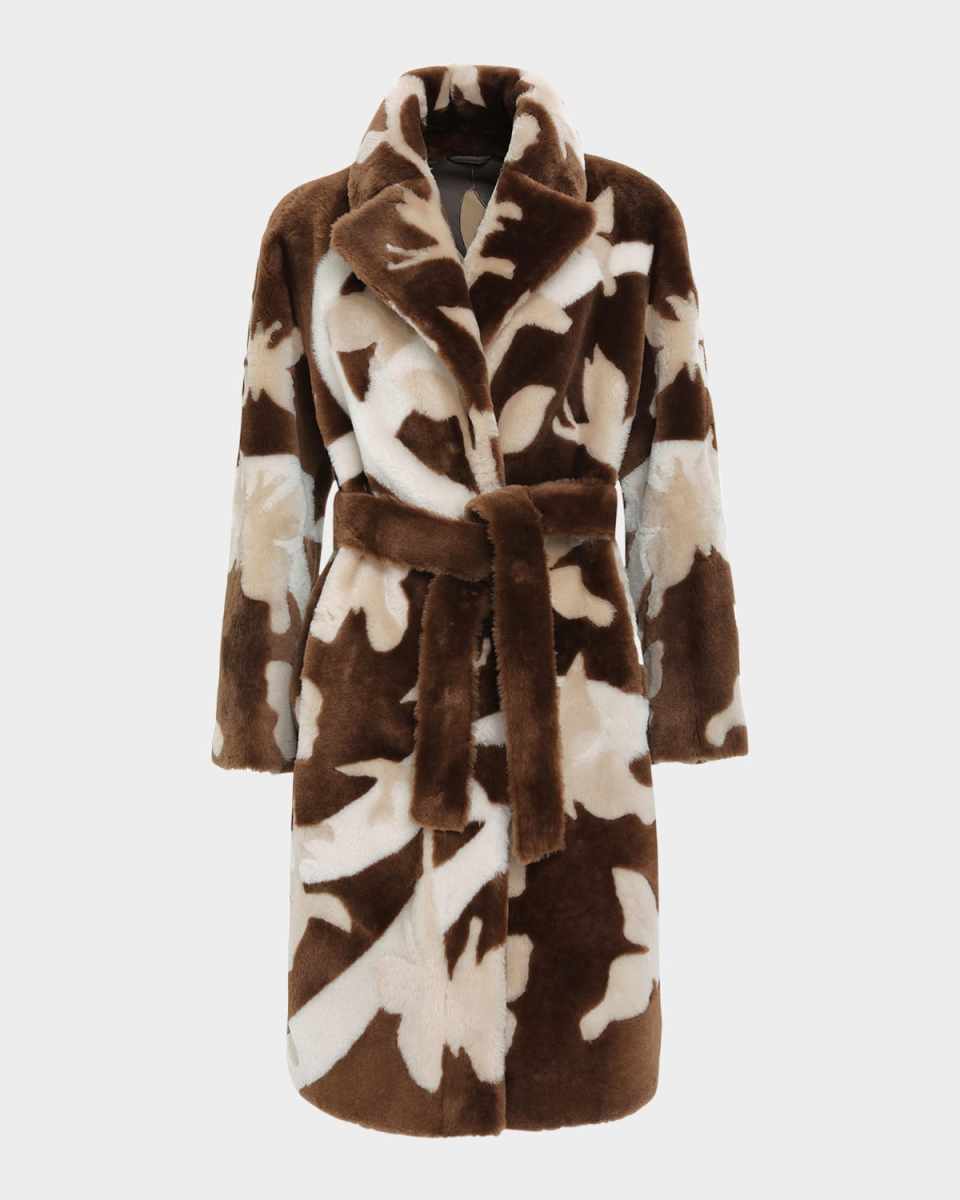 Reversible Merino Shearling Lamb Belted Short Coat With Butterfly Intarsia
